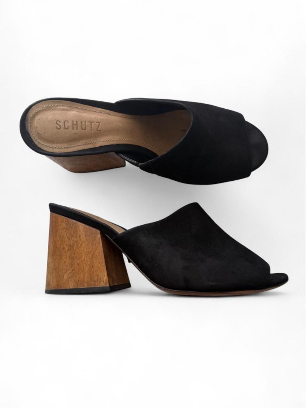 Schutz Size 9 Black Suede Peep Toe Mule Wood Block Heel Leather Minimalist Boho